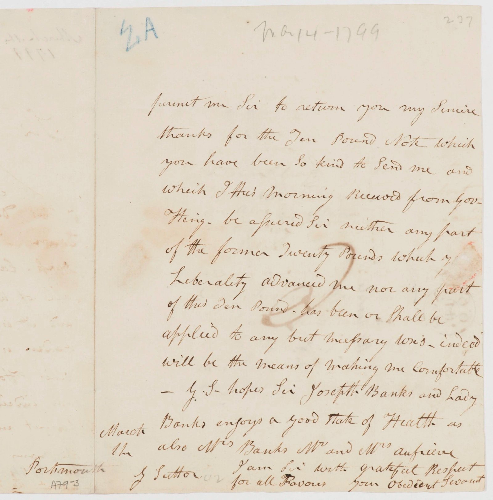 Letter thanking Banks for money received, page 3