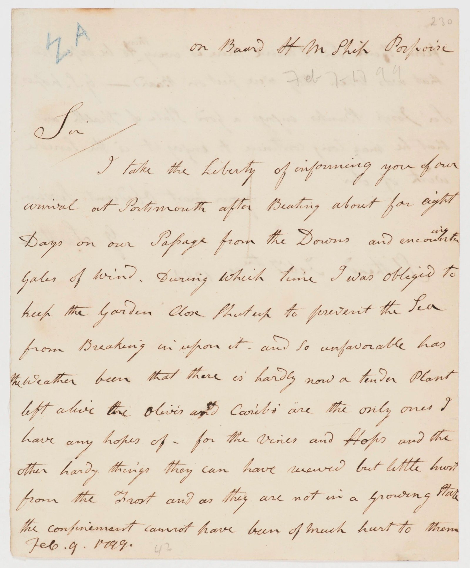 Letter reporting arrival at Portsmouth